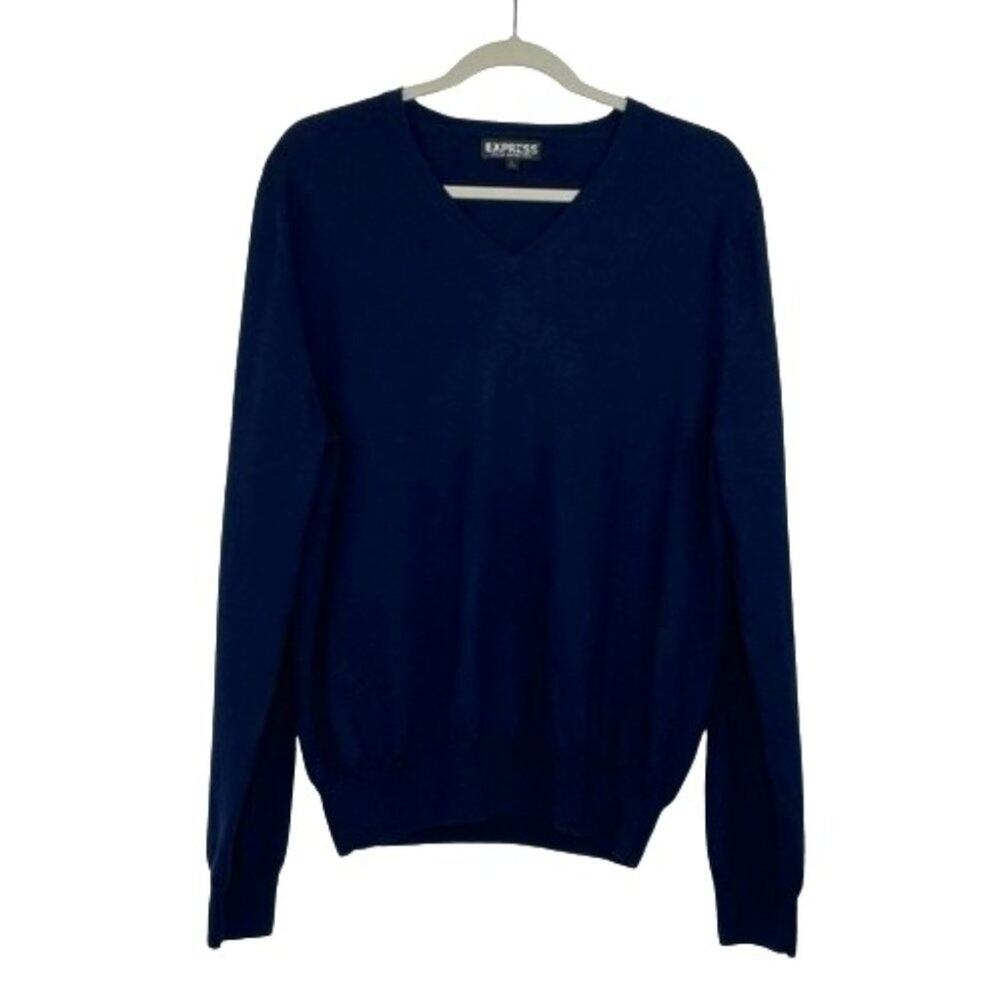 Express dark blue V-neck men's sweater size Large 100% Italian Merino Wool